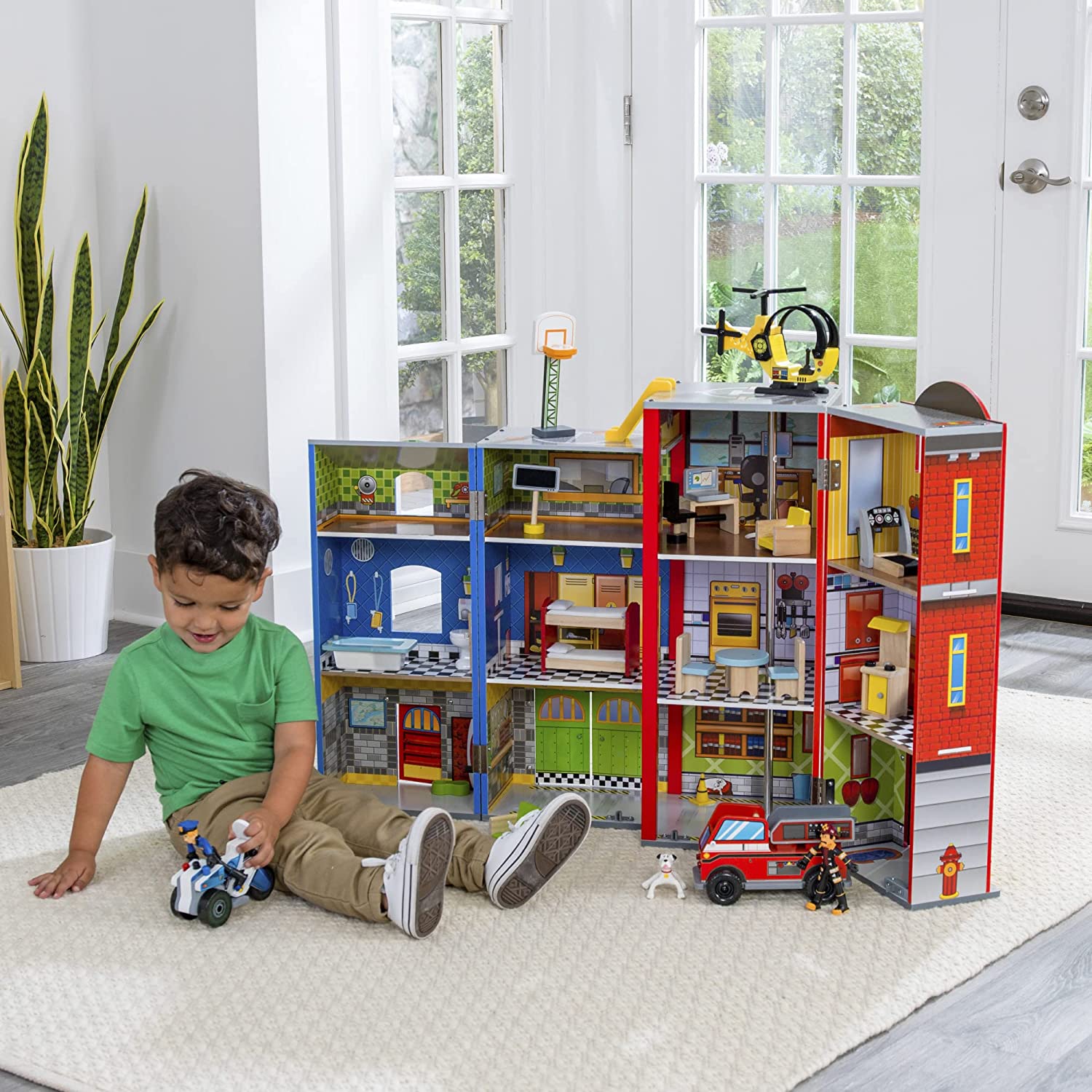 Everyday Heroes Play Set featuring police motorcycle, fire truck, helicopter, and bendable figures for kids' imaginative play.