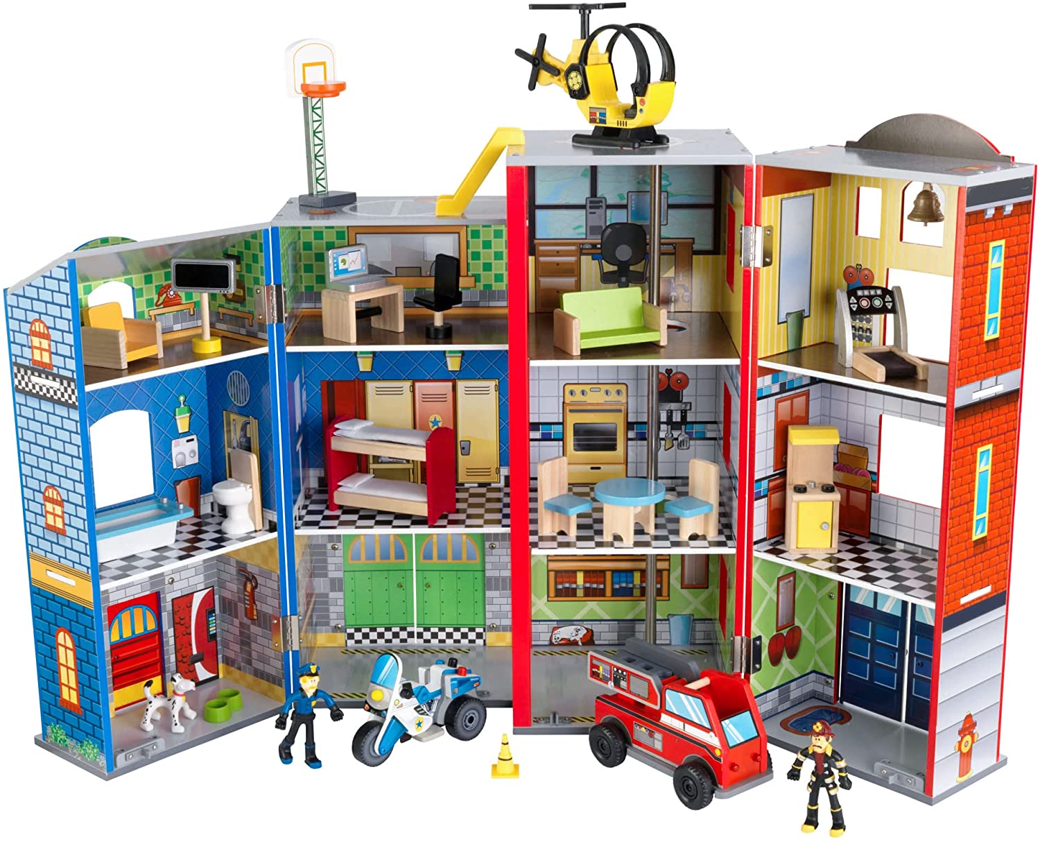 Everyday Heroes Play Set featuring police motorcycle, fire truck, helicopter, and bendable figures for kids' imaginative play.