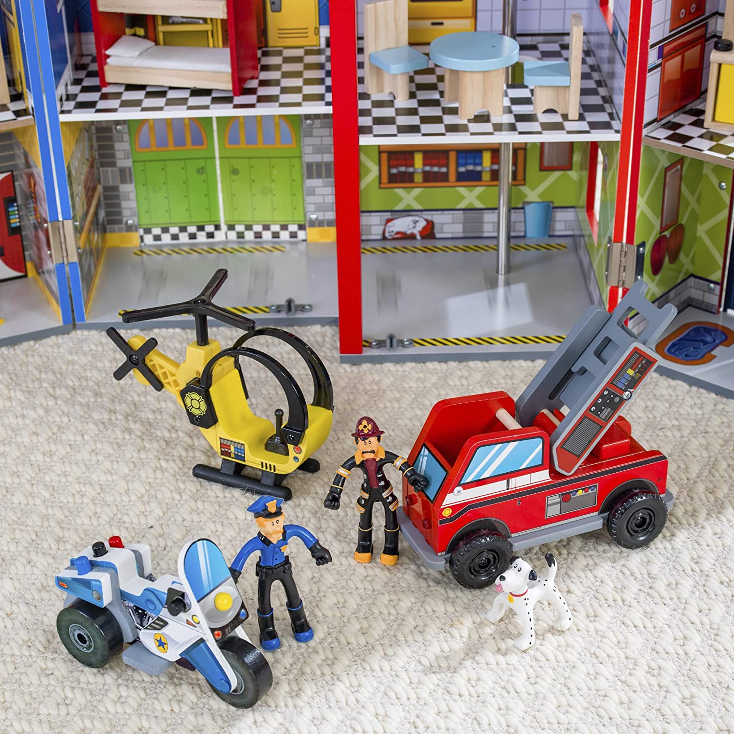 Everyday Heroes Play Set featuring police motorcycle, fire truck, helicopter, and bendable figures for kids' imaginative play.