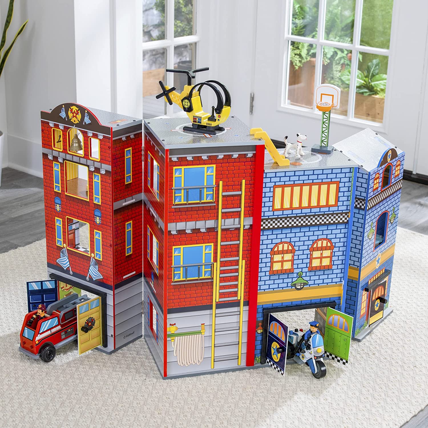 Everyday Heroes Play Set featuring police motorcycle, fire truck, helicopter, and bendable figures for kids' imaginative play.