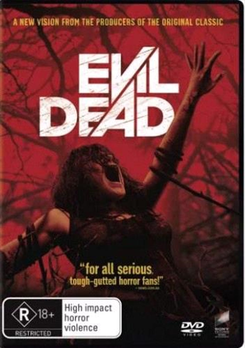 Evil Dead DVD cover featuring a dark, eerie cabin and the iconic Book of the Dead.