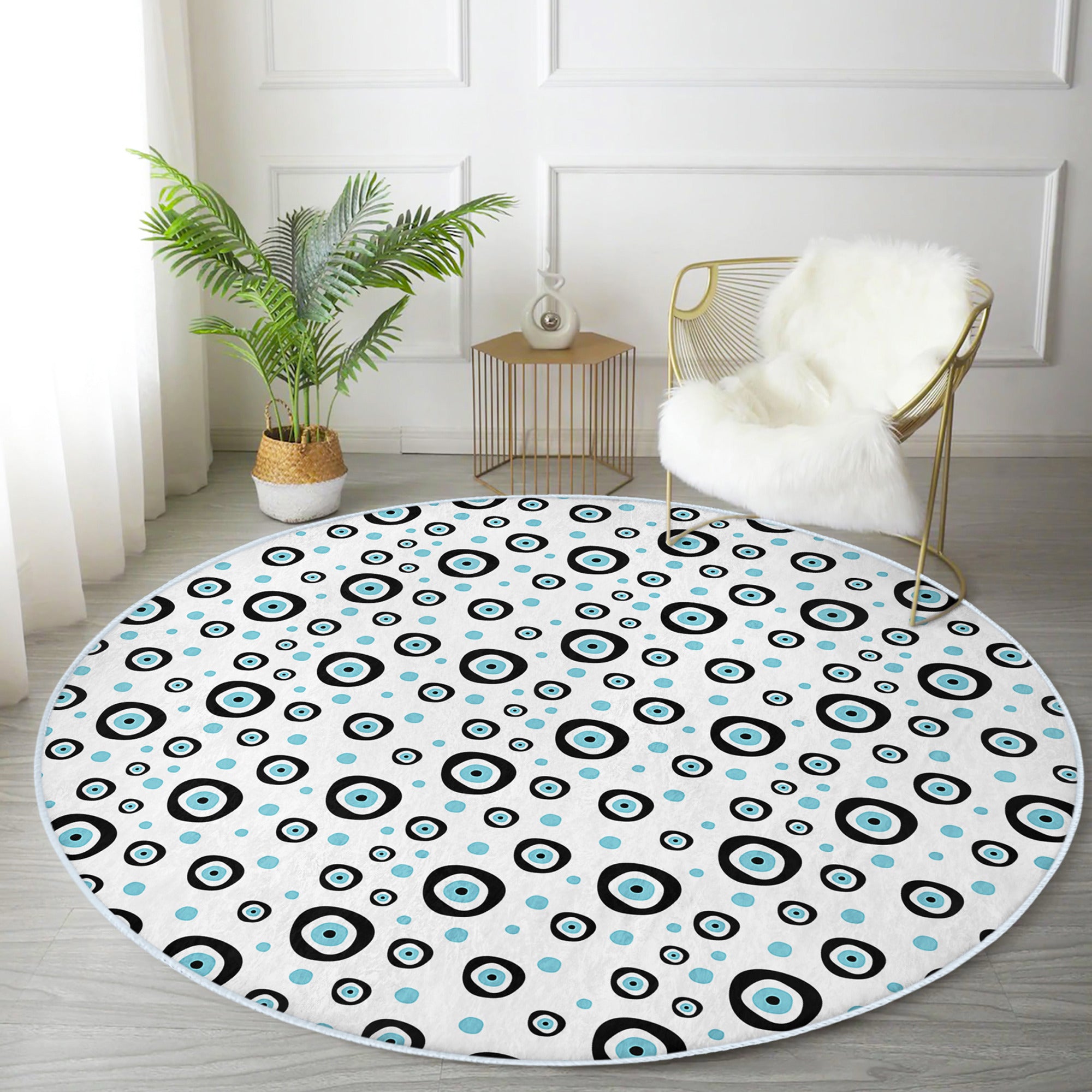 Evil Eye Area Rug featuring a vibrant circular pattern in soft velvet fabric, perfect for home decor.