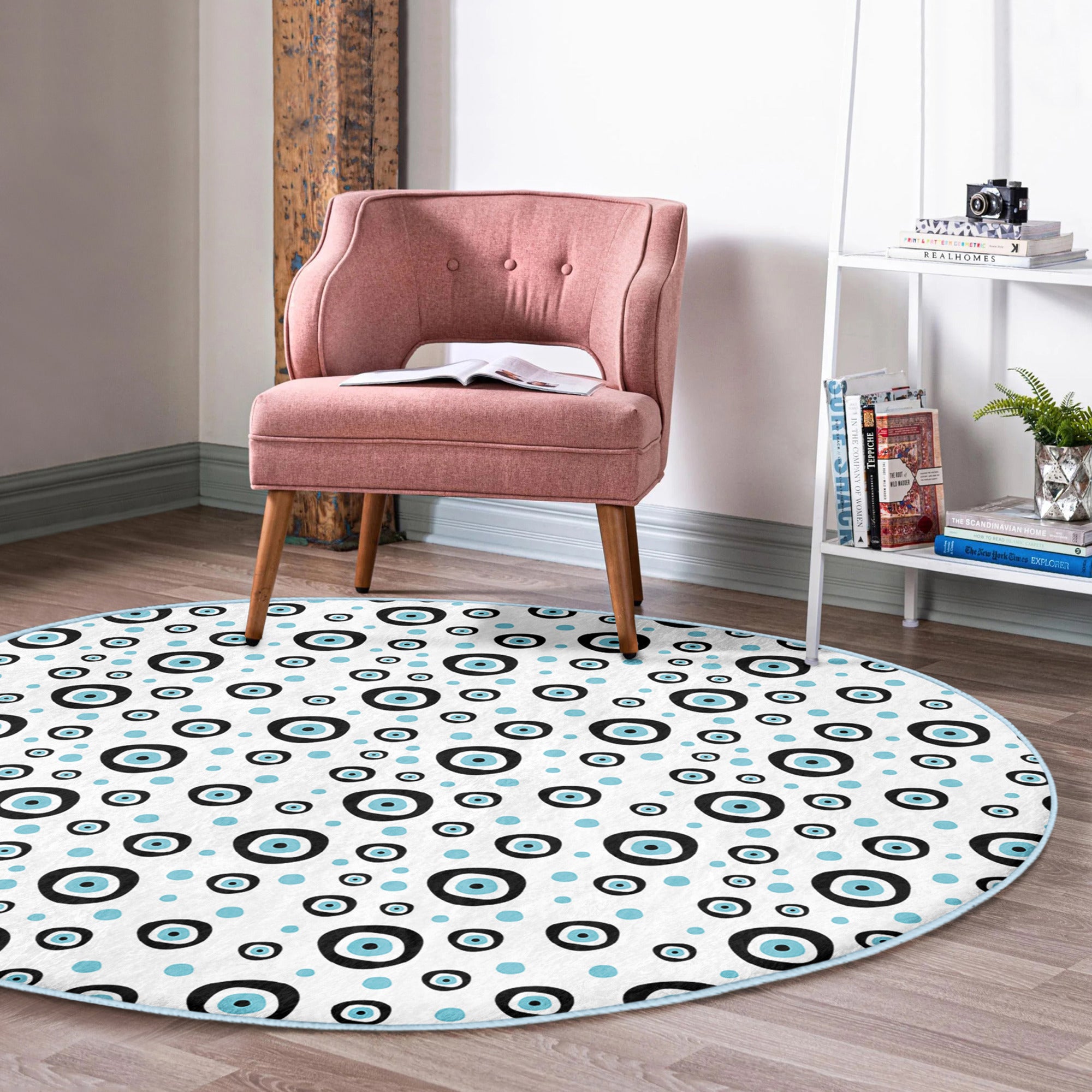 Evil Eye Area Rug featuring a vibrant circular pattern in soft velvet fabric, perfect for home decor.