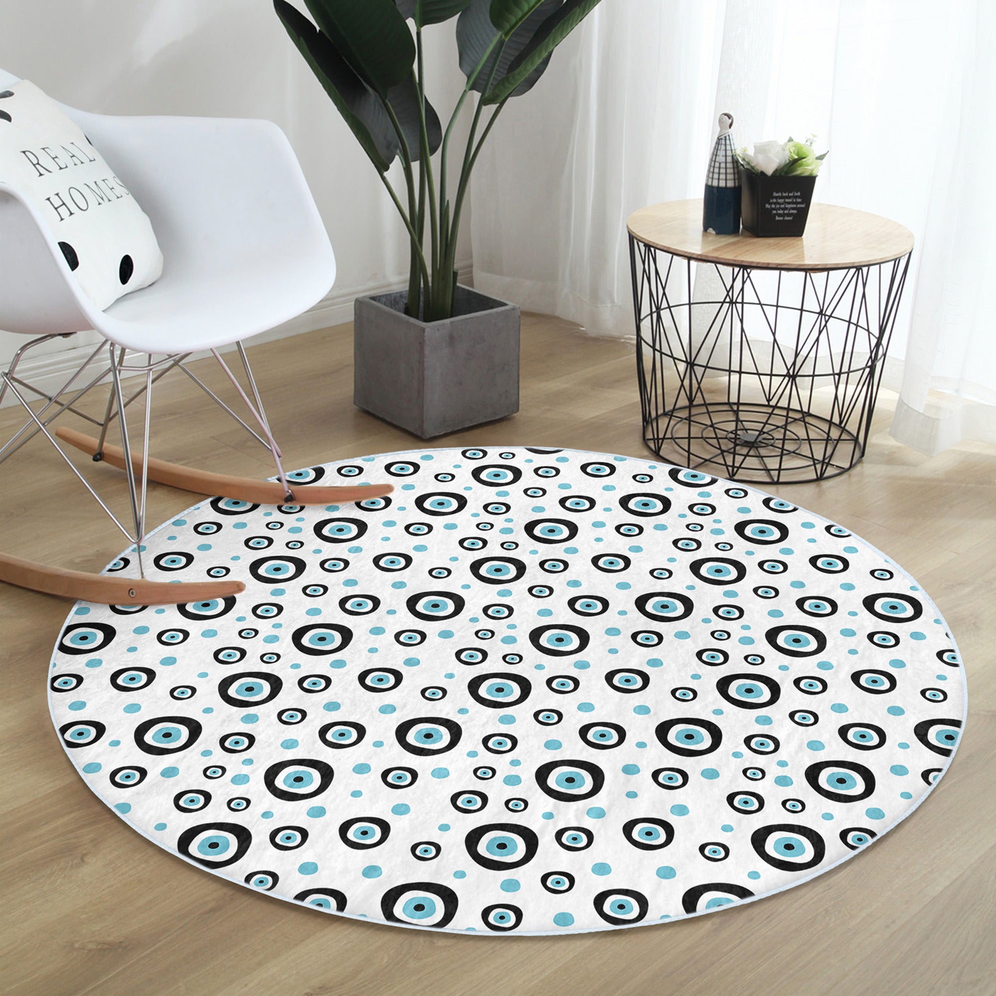 Evil Eye Area Rug featuring a vibrant circular pattern in soft velvet fabric, perfect for home decor.