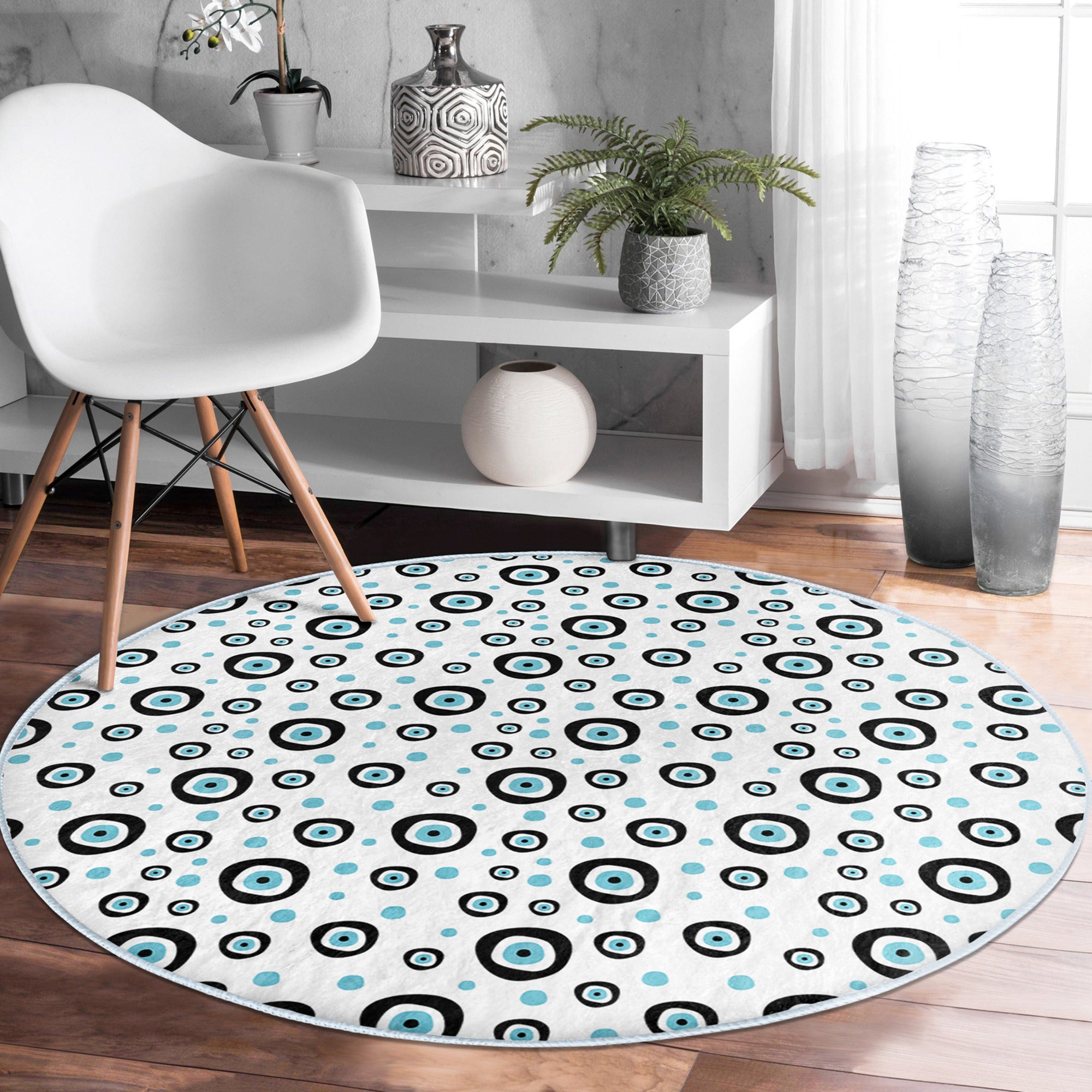 Evil Eye Area Rug featuring a vibrant circular pattern in soft velvet fabric, perfect for home decor.