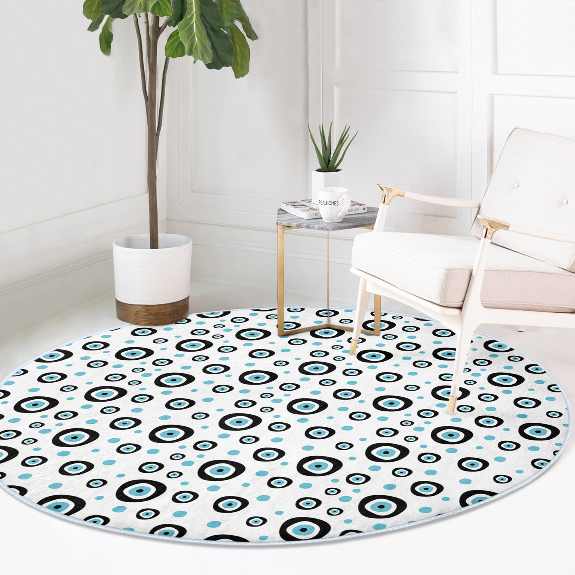 Evil Eye Area Rug featuring a vibrant circular pattern in soft velvet fabric, perfect for home decor.