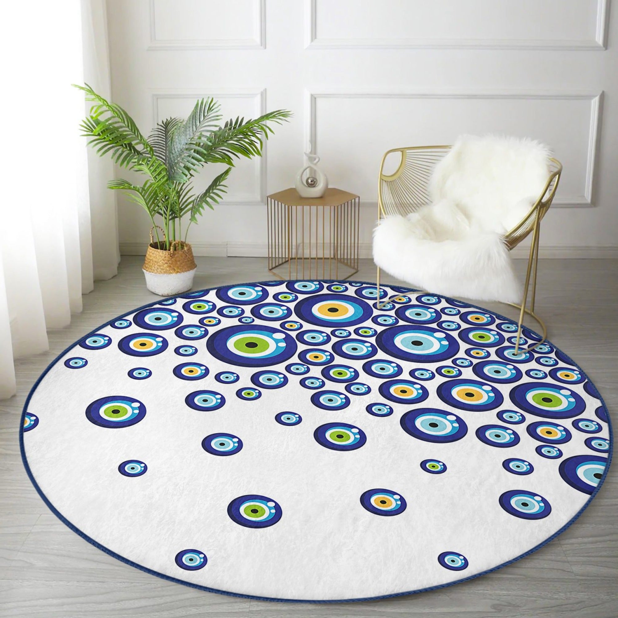 Evil Eye Pattern White Washable Round Rug featuring a unique design, soft velvet fabric, and a stylish round shape, perfect for home decor.