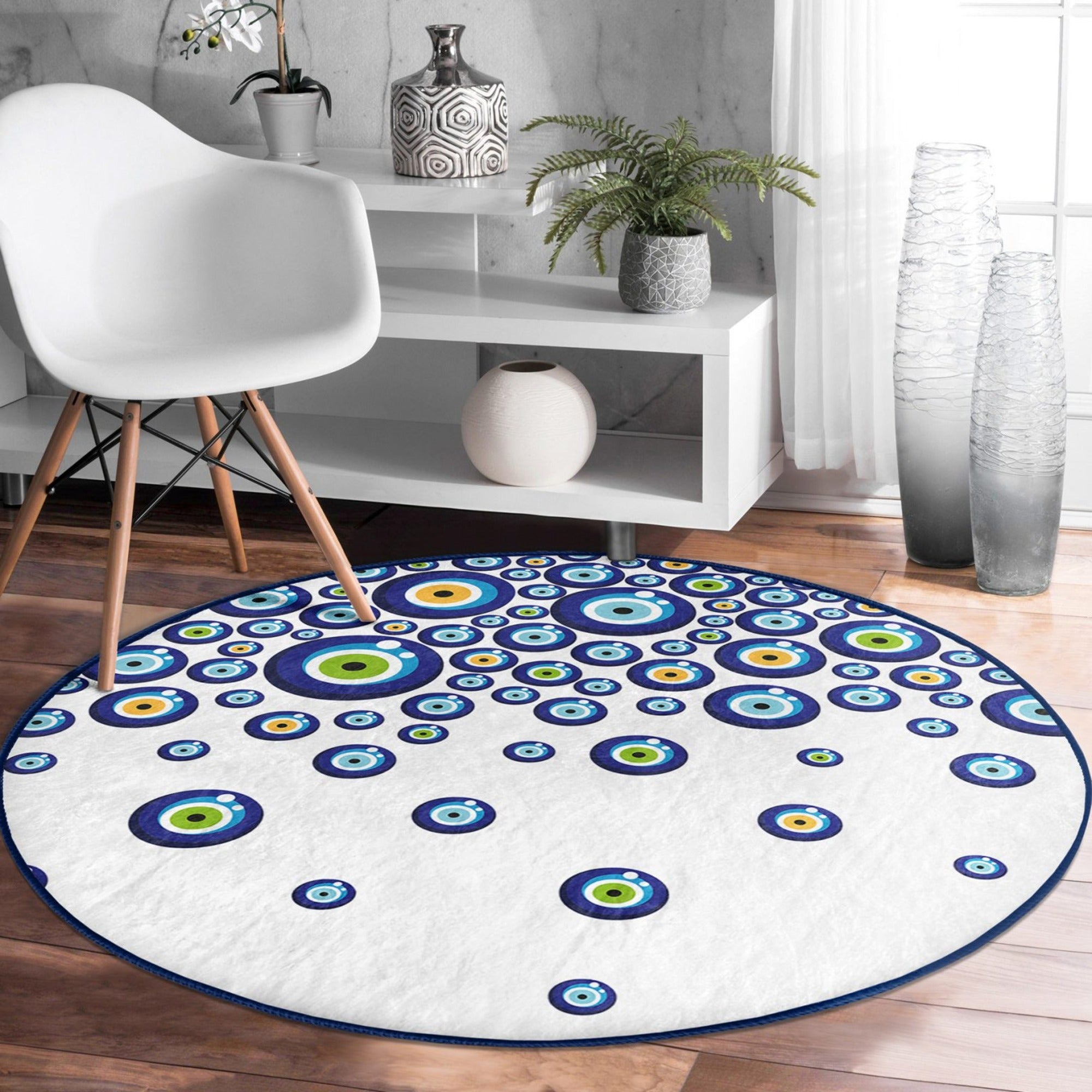 Evil Eye Pattern White Washable Round Rug featuring a unique design, soft velvet fabric, and a stylish round shape, perfect for home decor.