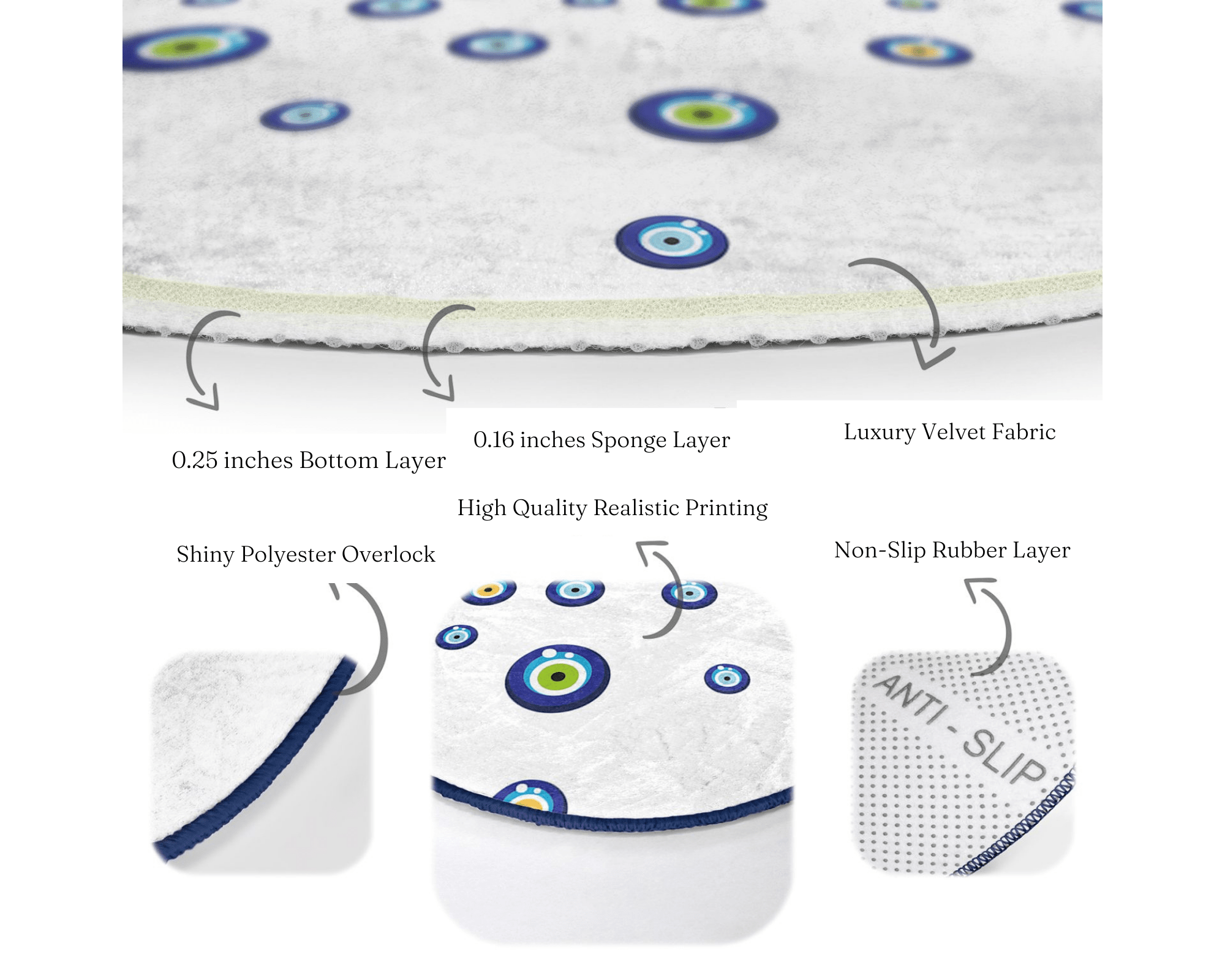 Evil Eye Pattern White Washable Round Rug featuring a unique design, soft velvet fabric, and a stylish round shape, perfect for home decor.