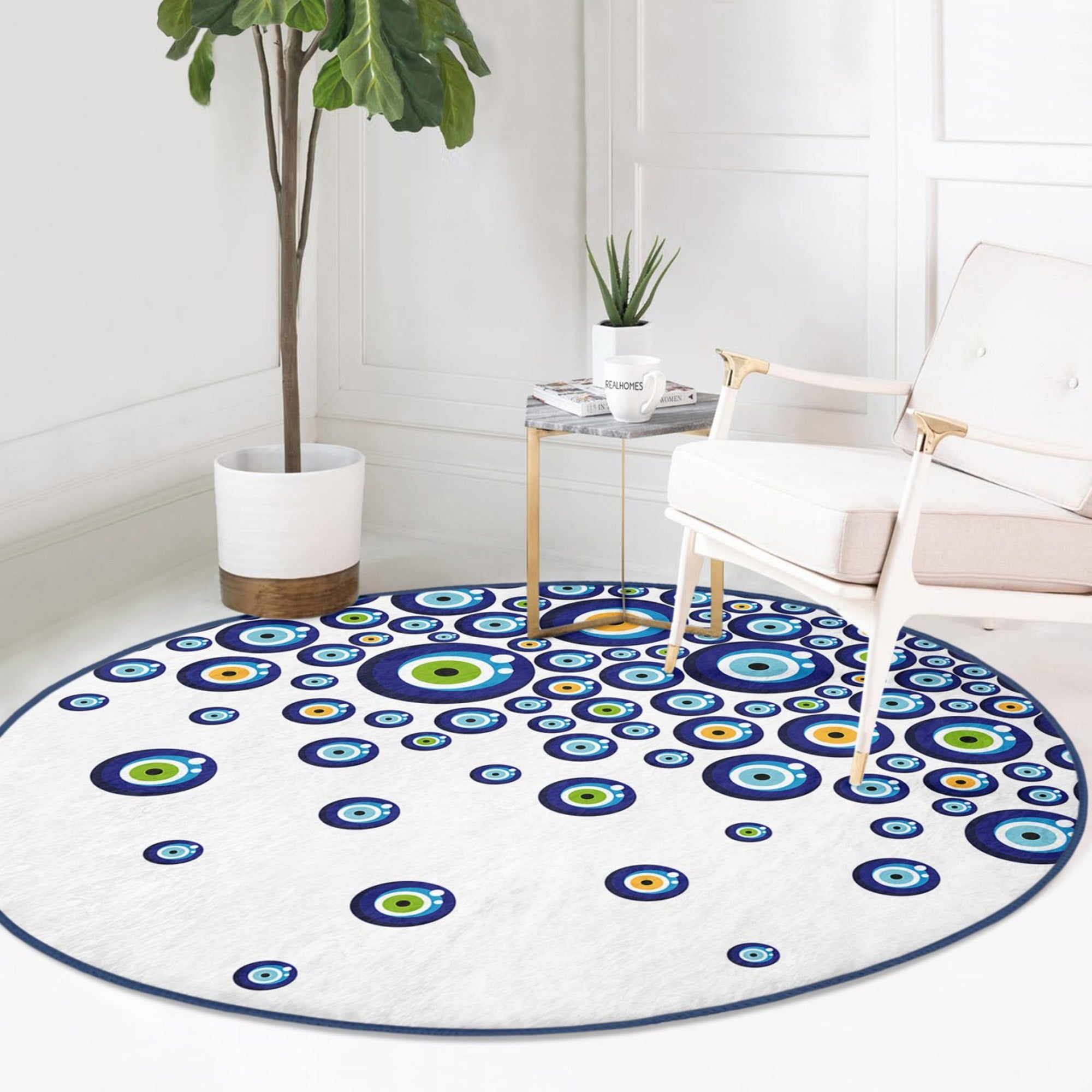 Evil Eye Pattern White Washable Round Rug featuring a unique design, soft velvet fabric, and a stylish round shape, perfect for home decor.