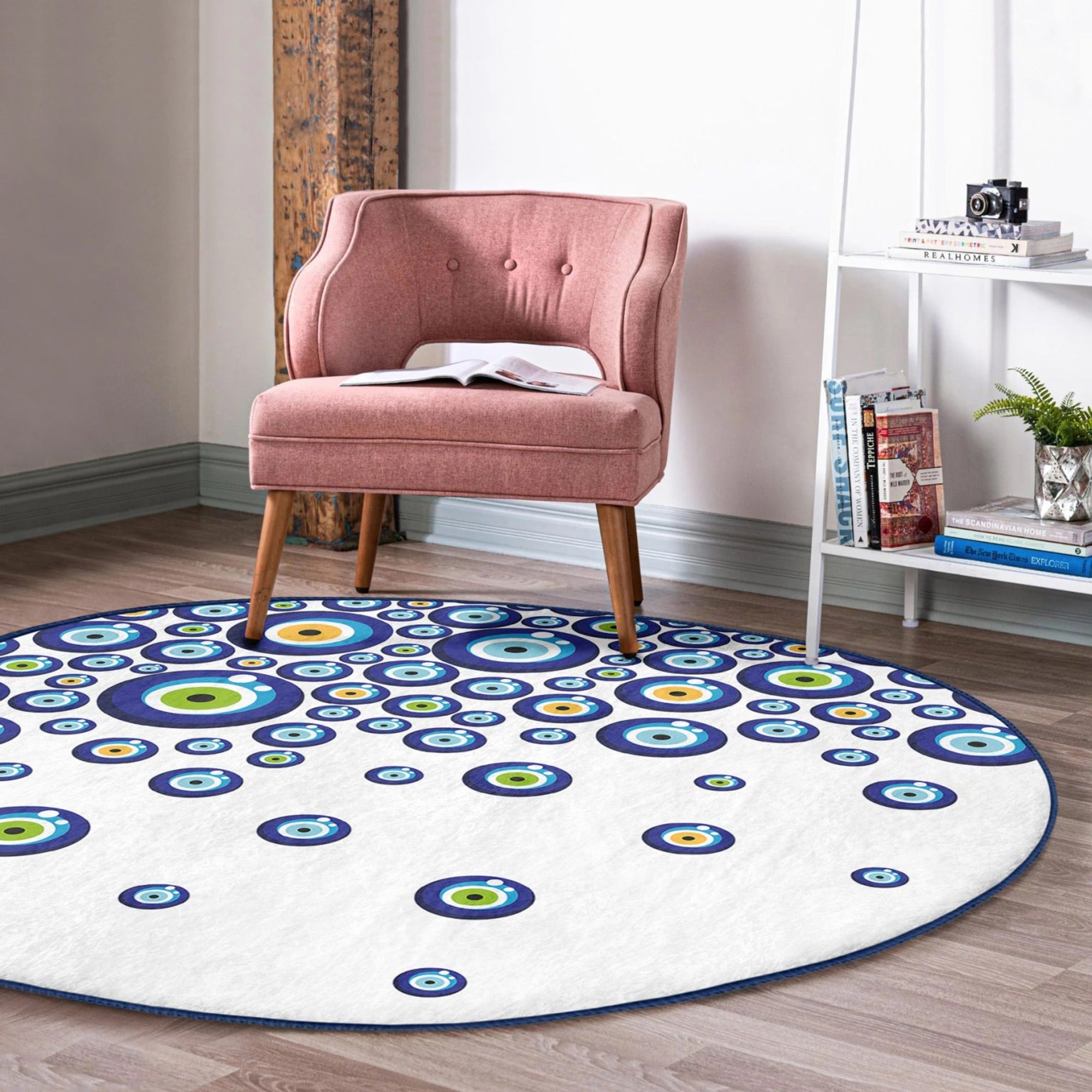 Evil Eye Pattern White Washable Round Rug featuring a unique design, soft velvet fabric, and a stylish round shape, perfect for home decor.