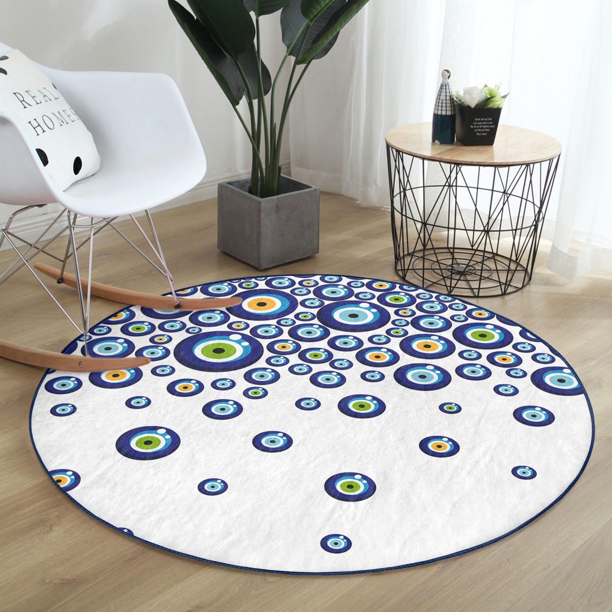 Evil Eye Pattern White Washable Round Rug featuring a unique design, soft velvet fabric, and a stylish round shape, perfect for home decor.