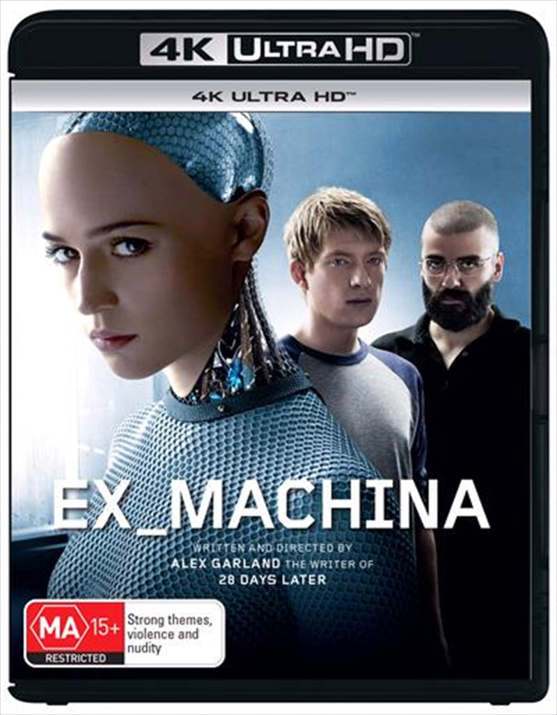 Ex Machina UHD movie cover featuring a robot girl and a male coder in a futuristic setting.