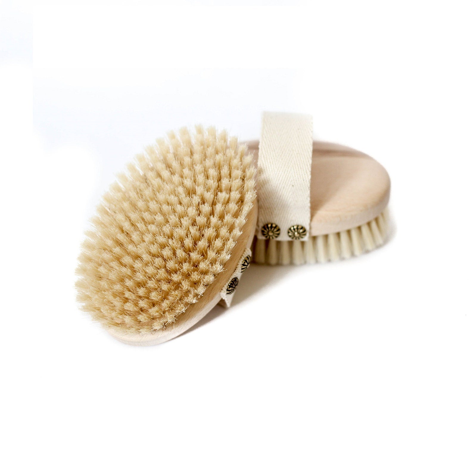 Exfoliating Wooden Body Bath Brush with soft bristles and elastic handle for effective dry brushing.