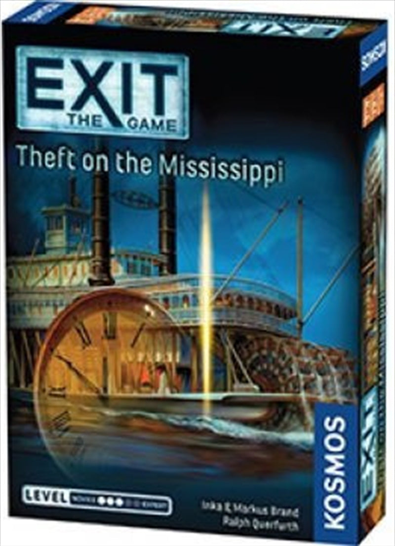 Board game EXIT: The Game - Theft On The Mississippi featuring detectives solving a robbery on a Mississippi steamer.