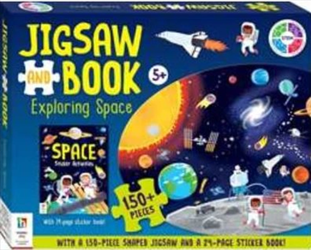 Exploring Space book and jigsaw puzzle set featuring colorful illustrations of planets and stars.