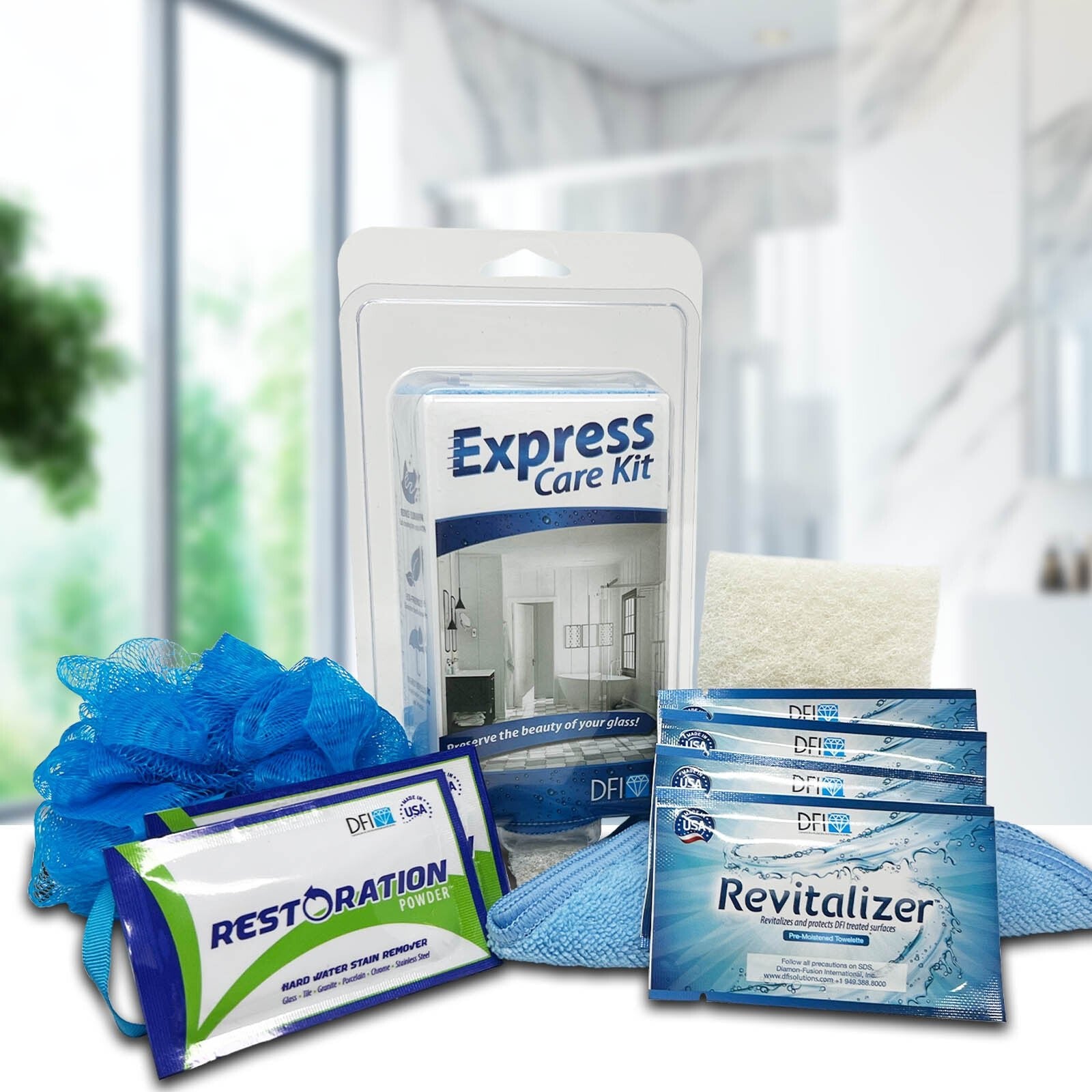 Express Care Kit for maintaining DFI treated glass surfaces, includes Restoration Powder, Revitalizer, scrubber pad, microfiber towel, and cleaning puff.