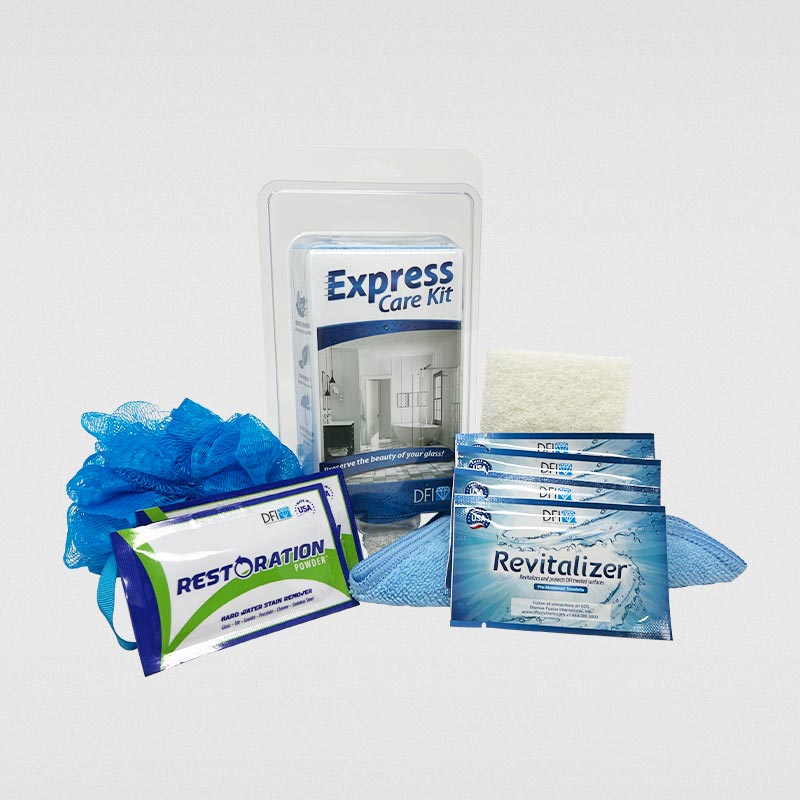 Express Care Kit for maintaining DFI treated glass surfaces, includes Restoration Powder, Revitalizer, scrubber pad, microfiber towel, and cleaning puff.