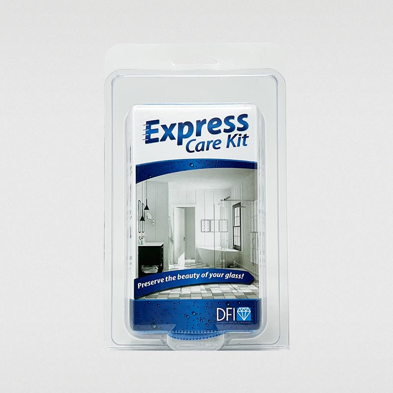 Express Care Kit for maintaining DFI treated glass surfaces, includes Restoration Powder, Revitalizer, scrubber pad, microfiber towel, and cleaning puff.