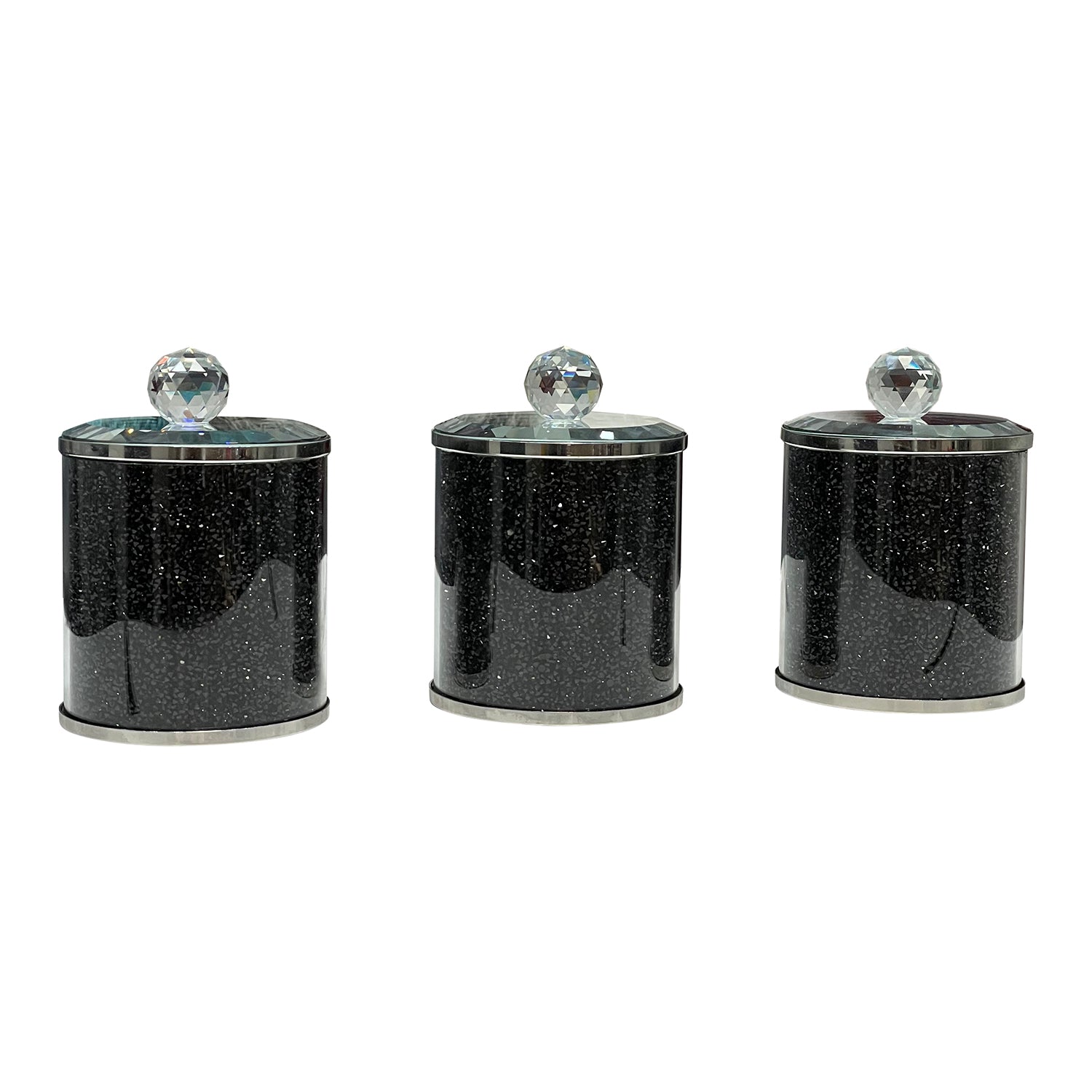 Exquisite three glass canister set featuring black crushed diamond glass with decorative chrome base and glass lids.