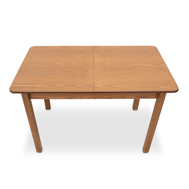 HORA Extendable Dining Table in walnut finish, showcasing its solid beech wood legs and MDF surface.