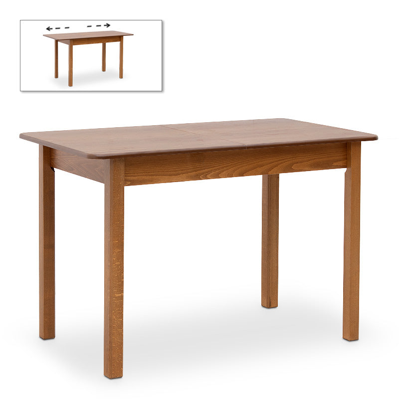 HORA Extendable Dining Table in walnut finish, showcasing its solid beech wood legs and MDF surface.