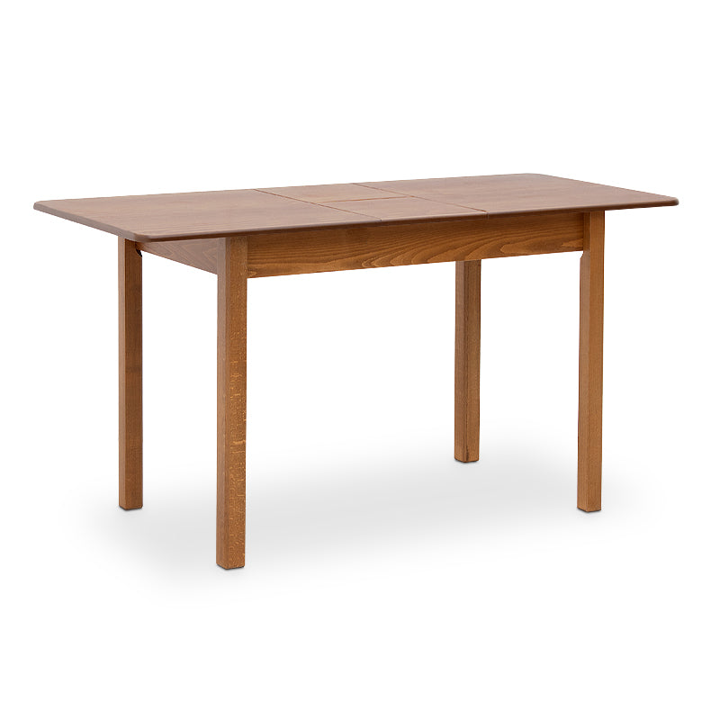 HORA Extendable Dining Table in walnut finish, showcasing its solid beech wood legs and MDF surface.