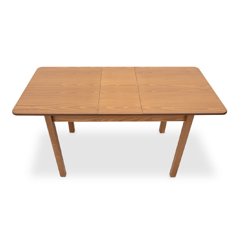 HORA Extendable Dining Table in walnut finish, showcasing its solid beech wood legs and MDF surface.