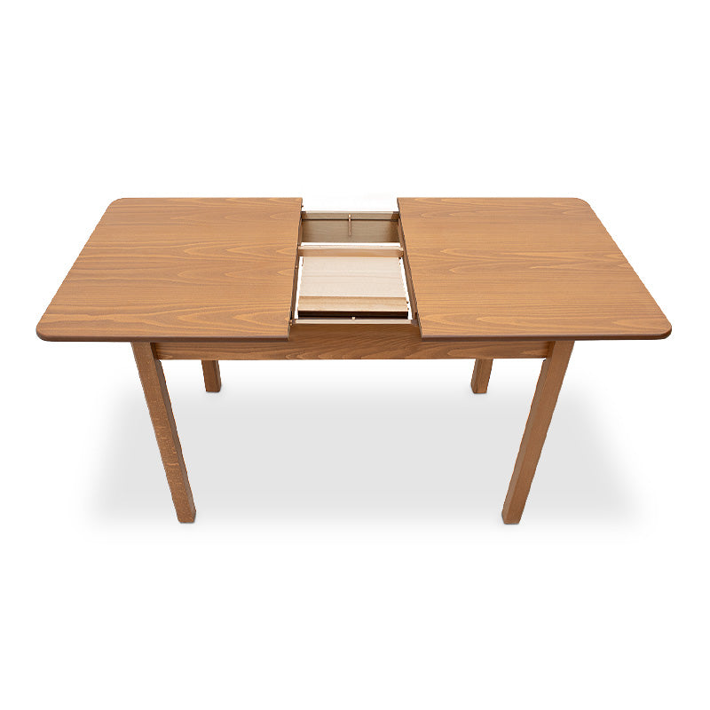 HORA Extendable Dining Table in walnut finish, showcasing its solid beech wood legs and MDF surface.