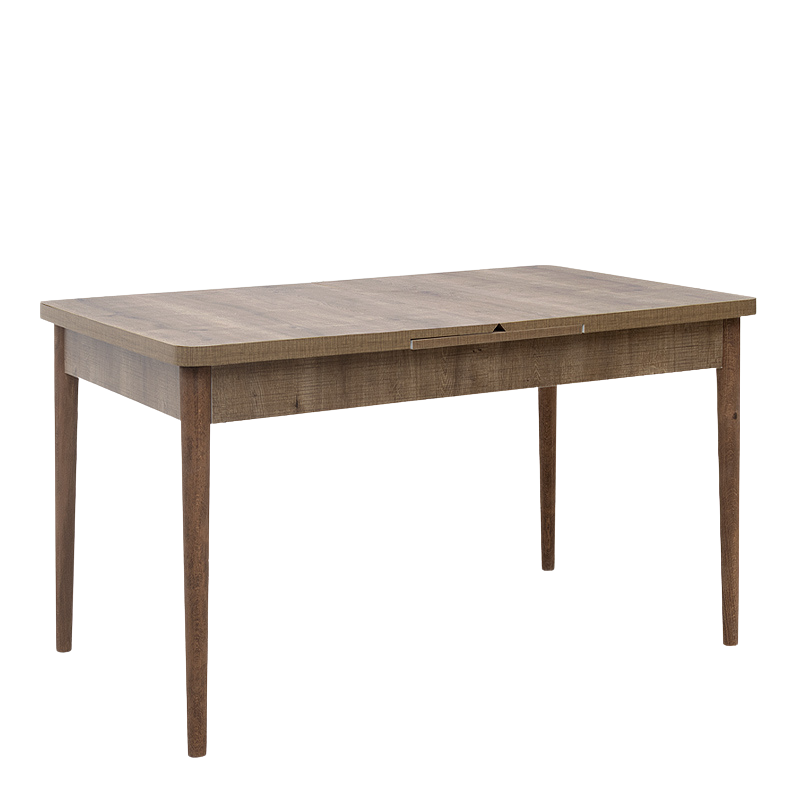 LEANDRA Extending Table in light walnut finish, showcasing its elegant design and natural wood legs.