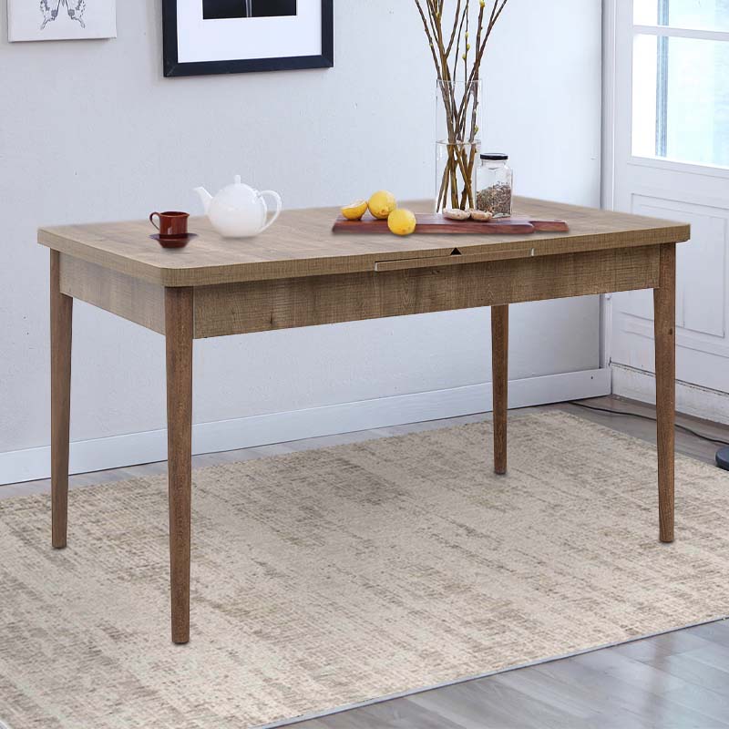 LEANDRA Extending Table in light walnut finish, showcasing its elegant design and natural wood legs.