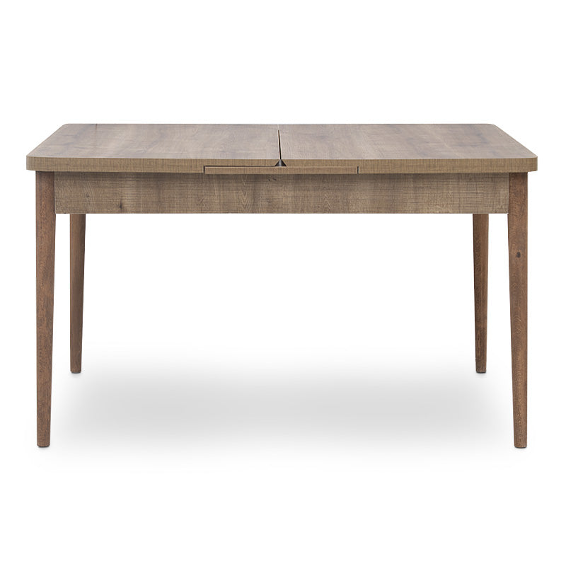 LEANDRA Extending Table in light walnut finish, showcasing its elegant design and natural wood legs.