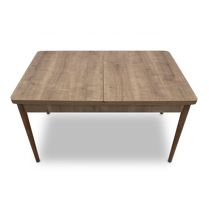 LEANDRA Extending Table in light walnut finish, showcasing its elegant design and natural wood legs.