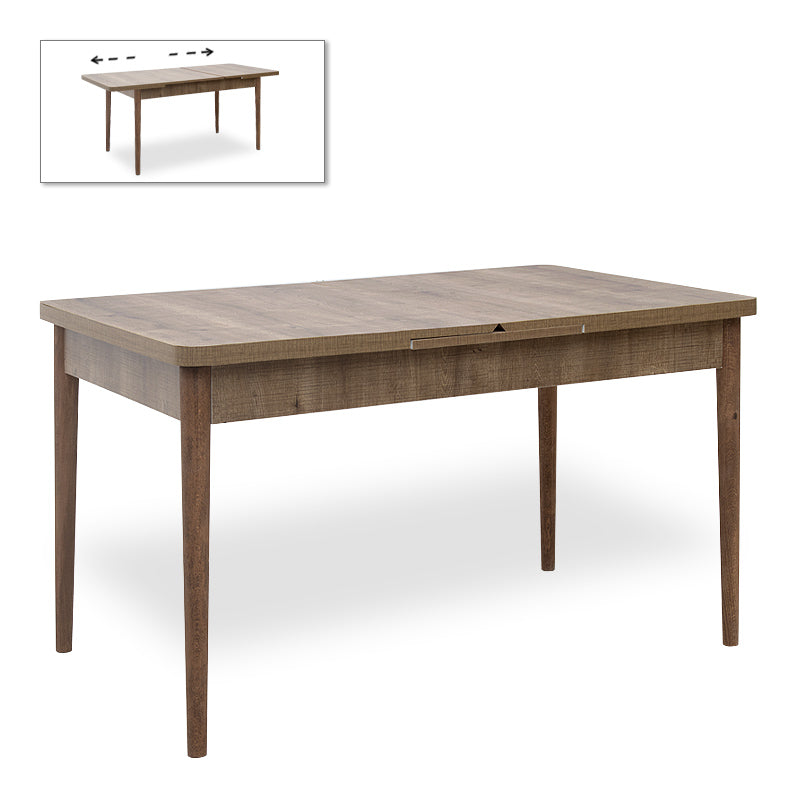 LEANDRA Extending Table in light walnut finish, showcasing its elegant design and natural wood legs.