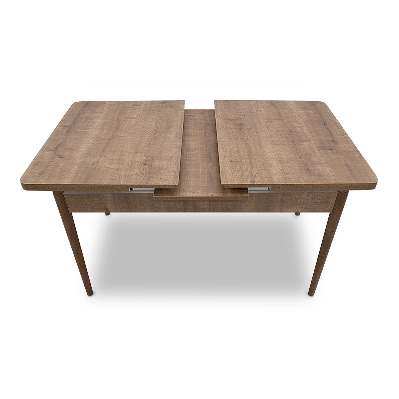 LEANDRA Extending Table in light walnut finish, showcasing its elegant design and natural wood legs.