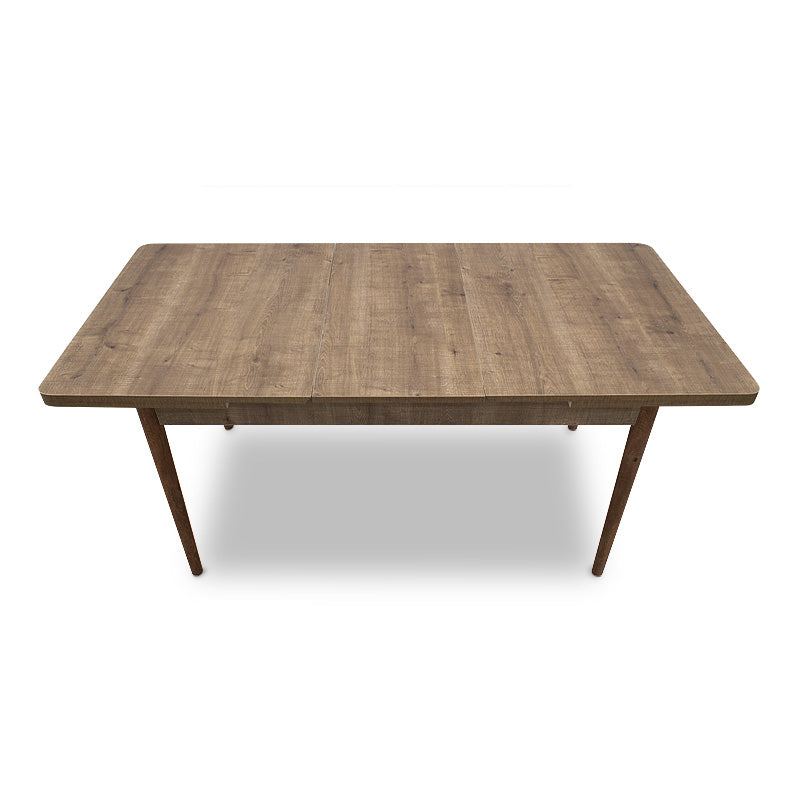 LEANDRA Extending Table in light walnut finish, showcasing its elegant design and natural wood legs.