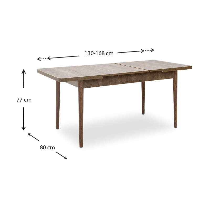 LEANDRA Extending Table in light walnut finish, showcasing its elegant design and natural wood legs.