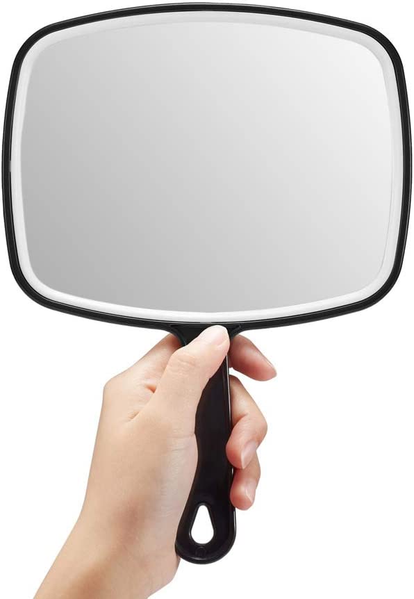 Extra Large Black Handheld Mirror with Handle, featuring a sleek black design and large viewing surface for grooming.