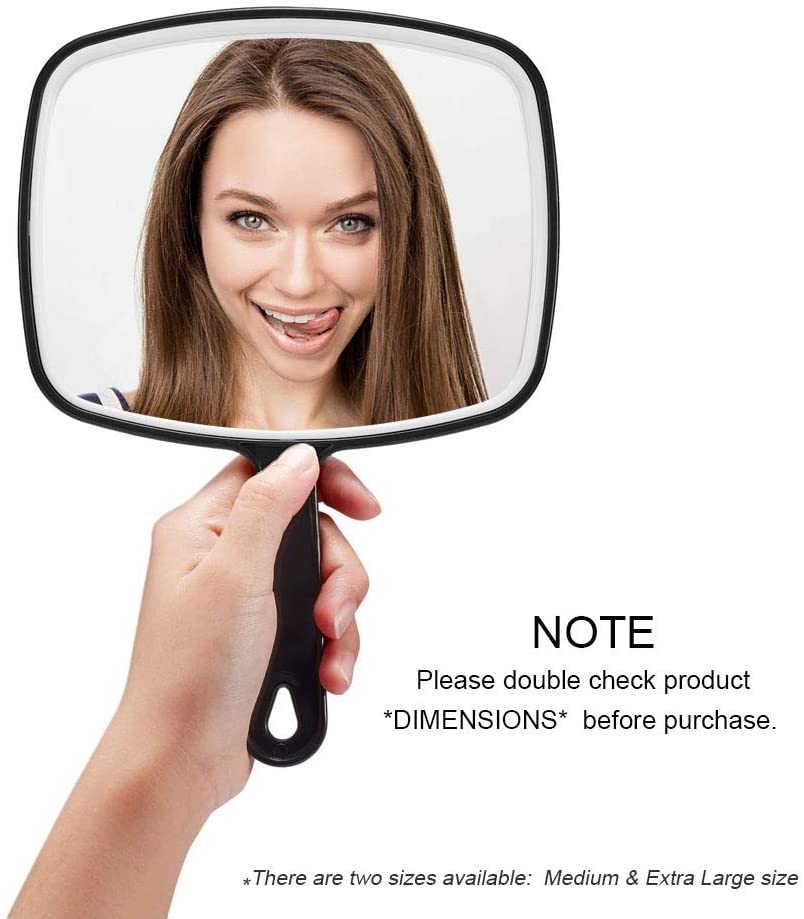 Extra Large Black Handheld Mirror with Handle, featuring a sleek black design and large viewing surface for grooming.