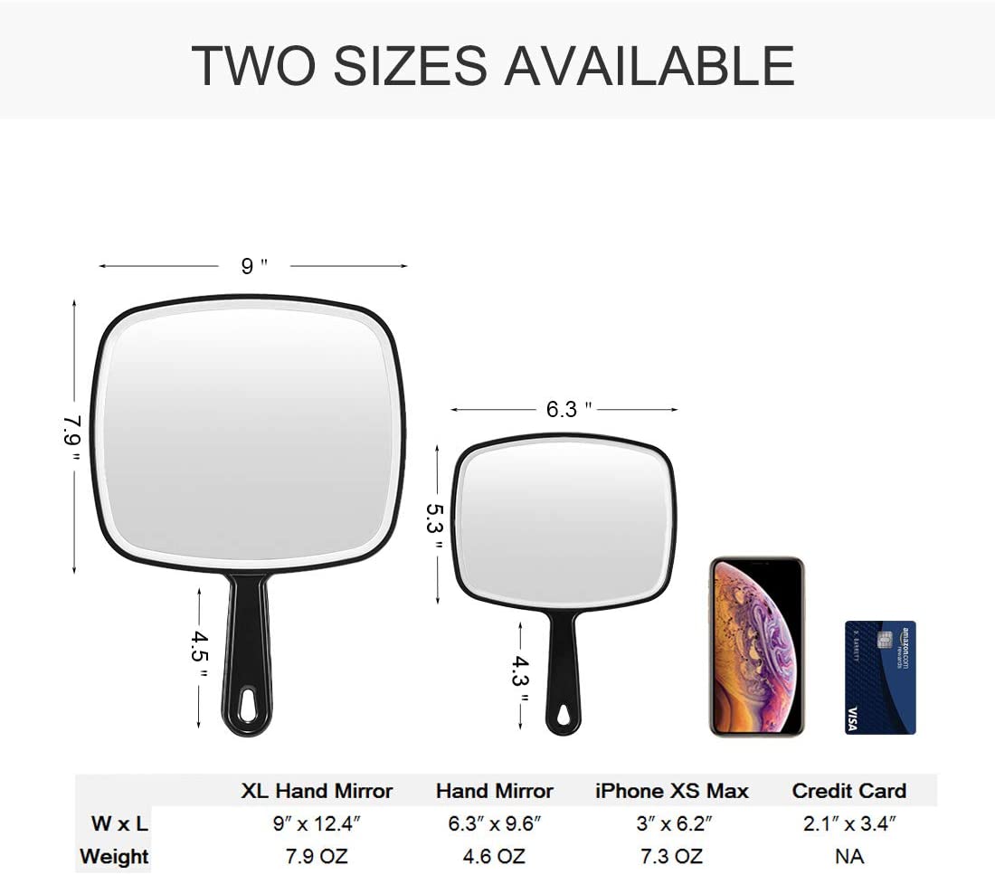 Extra Large Black Handheld Mirror with Handle, featuring a sleek black design and large viewing surface for grooming.