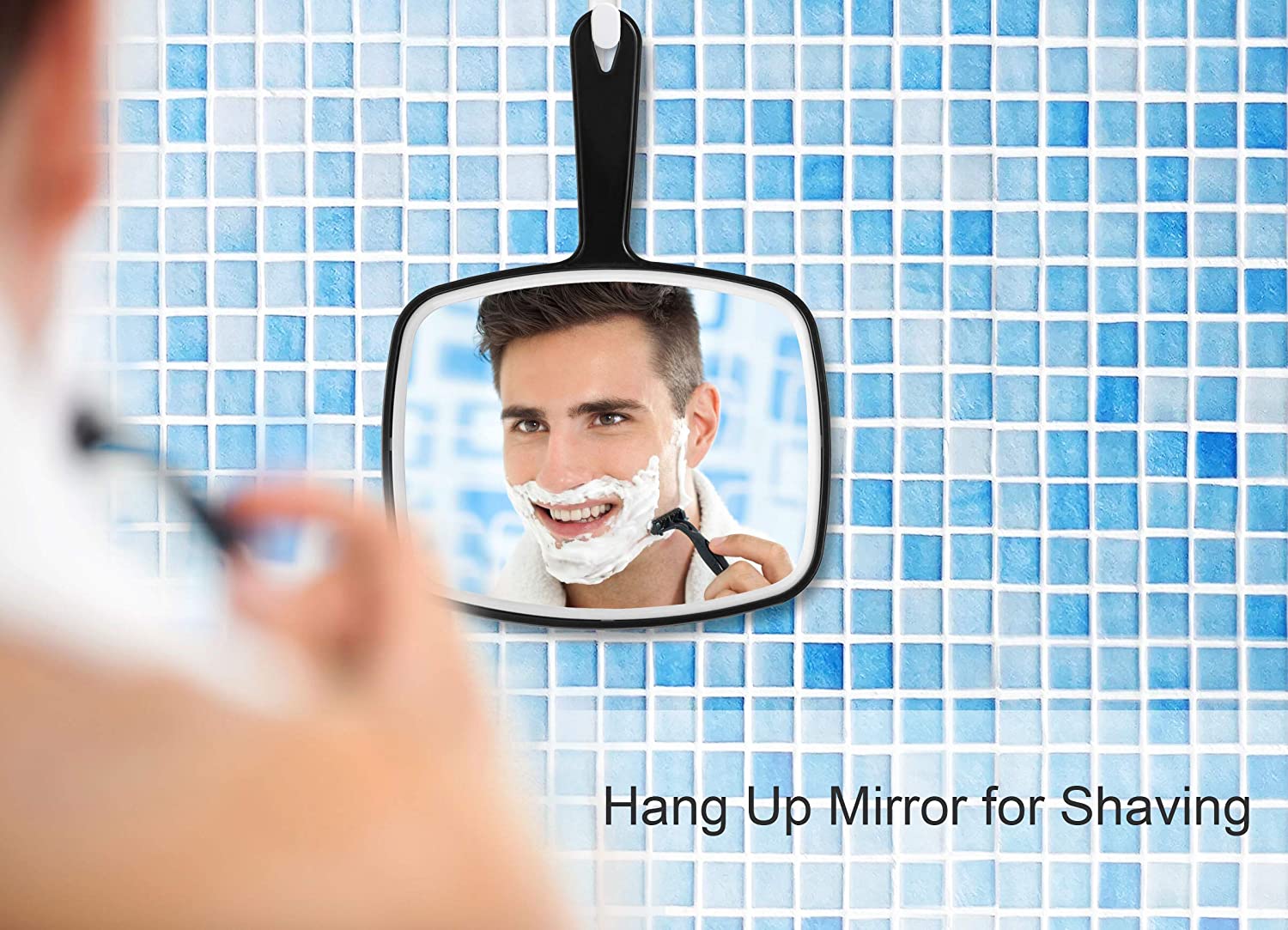 Extra Large Black Handheld Mirror with Handle, featuring a sleek black design and large viewing surface for grooming.