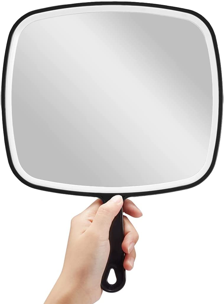 Extra Large Black Handheld Mirror with Handle, featuring a sleek design and large viewing surface for grooming.