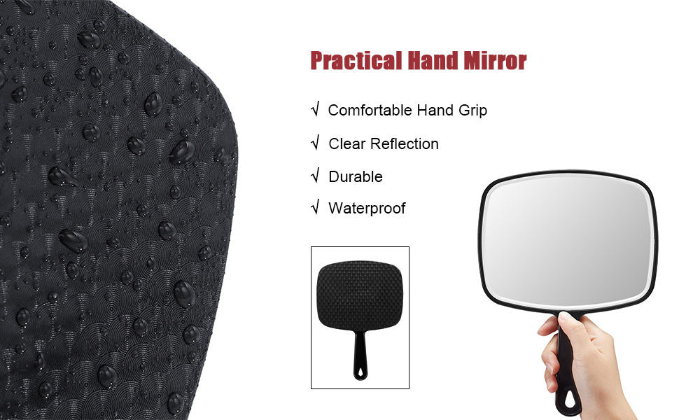 Extra Large Black Handheld Mirror with Handle, featuring a sleek design and large viewing surface for grooming.