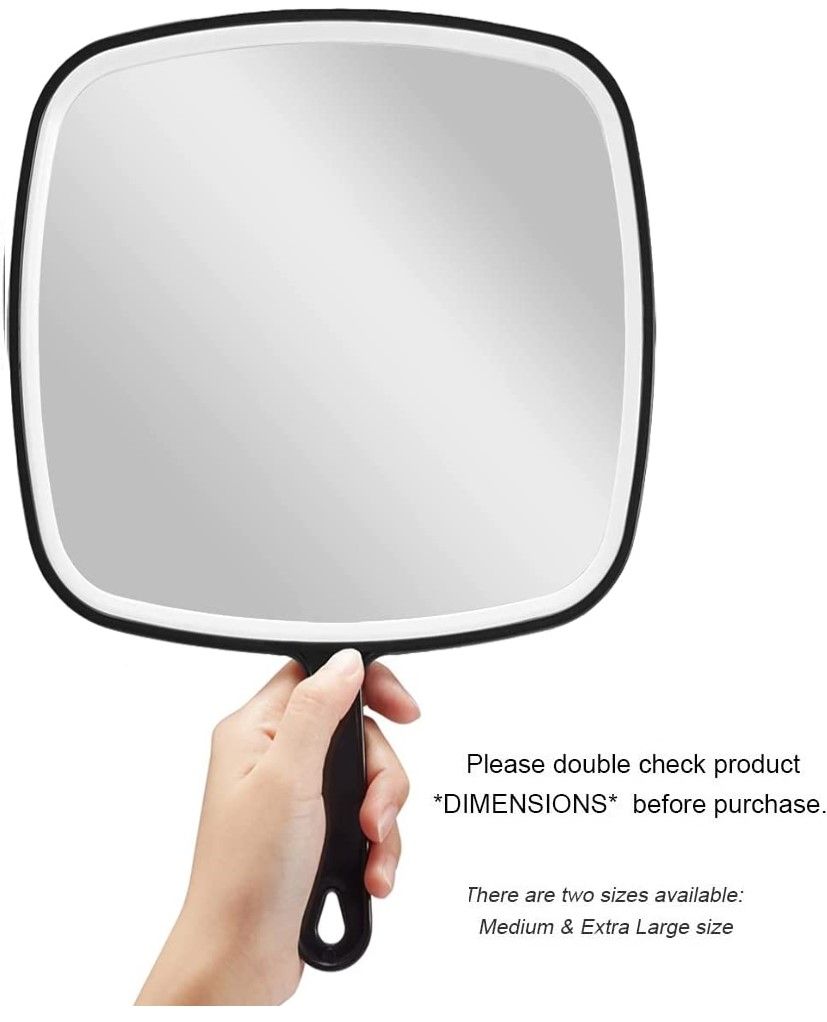 Extra Large Black Handheld Mirror with Handle, featuring a sleek design and large viewing surface for grooming.