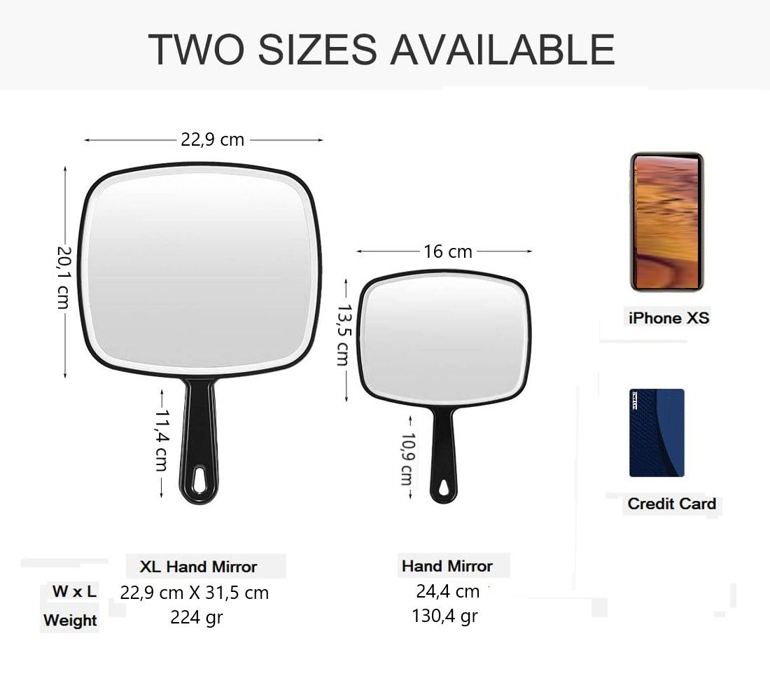 Extra Large Black Handheld Mirror with Handle, featuring a sleek design and large viewing surface for grooming.