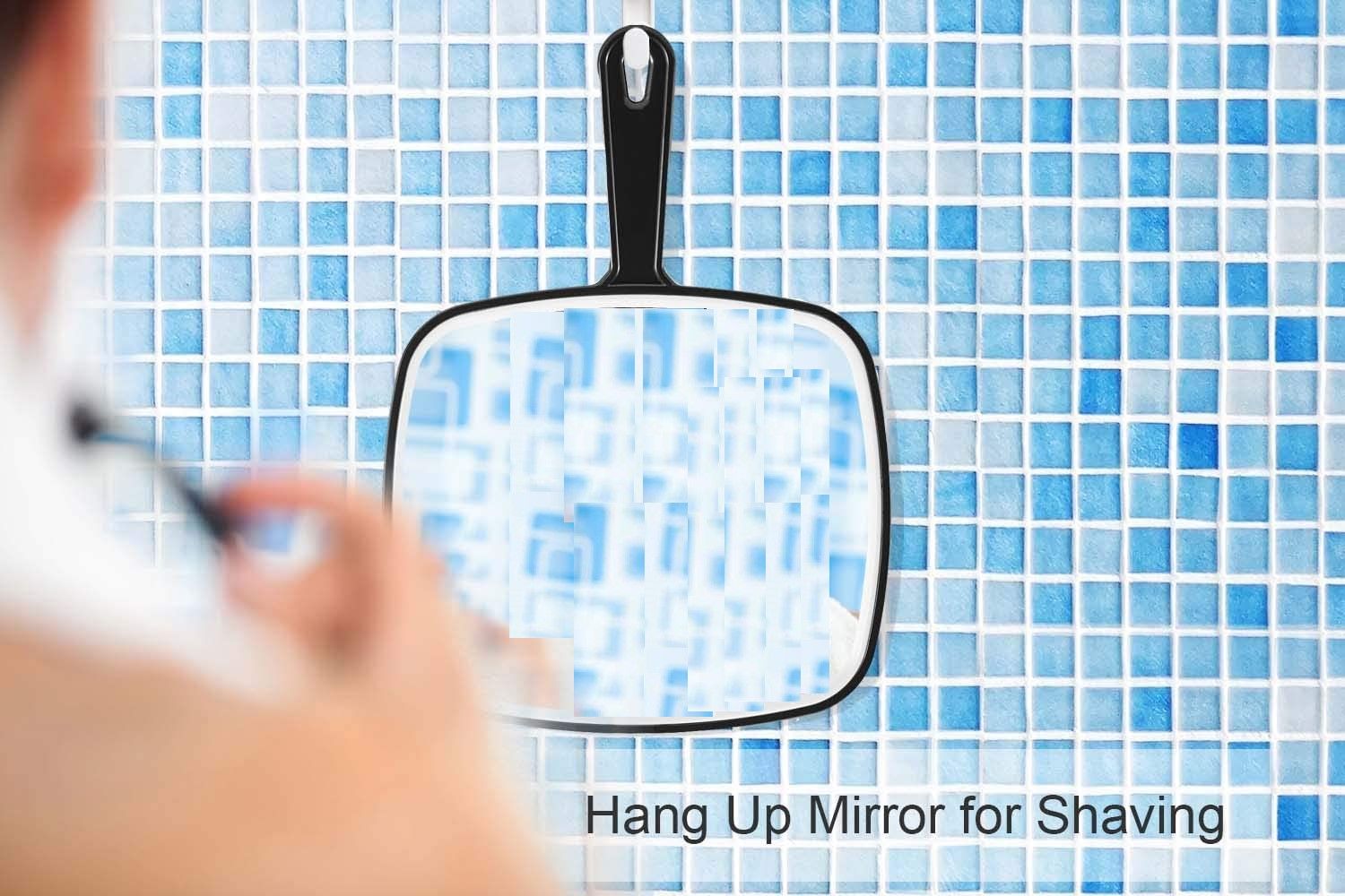 Extra Large Black Handheld Mirror with Handle, featuring a sleek design and large viewing surface for grooming.