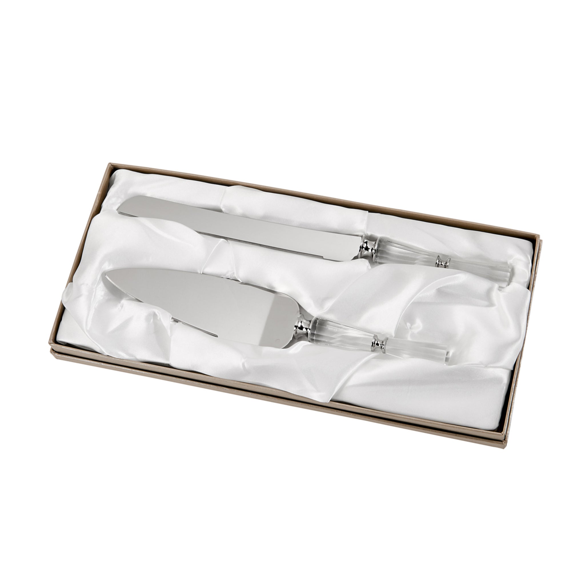 Facet Handled Cake Knife & Server Set with elegant glass handles and stainless steel blades, beautifully presented in a silver box.