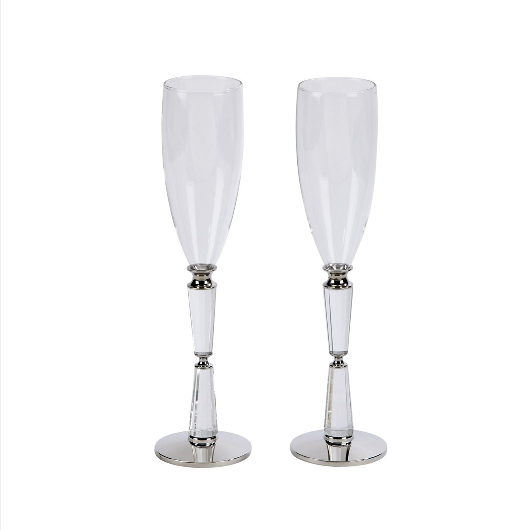 Elegant Facet Toasting Flutes Set with clear glass bowls and faceted handles, featuring a durable nickel-plated base, perfect for celebrations.