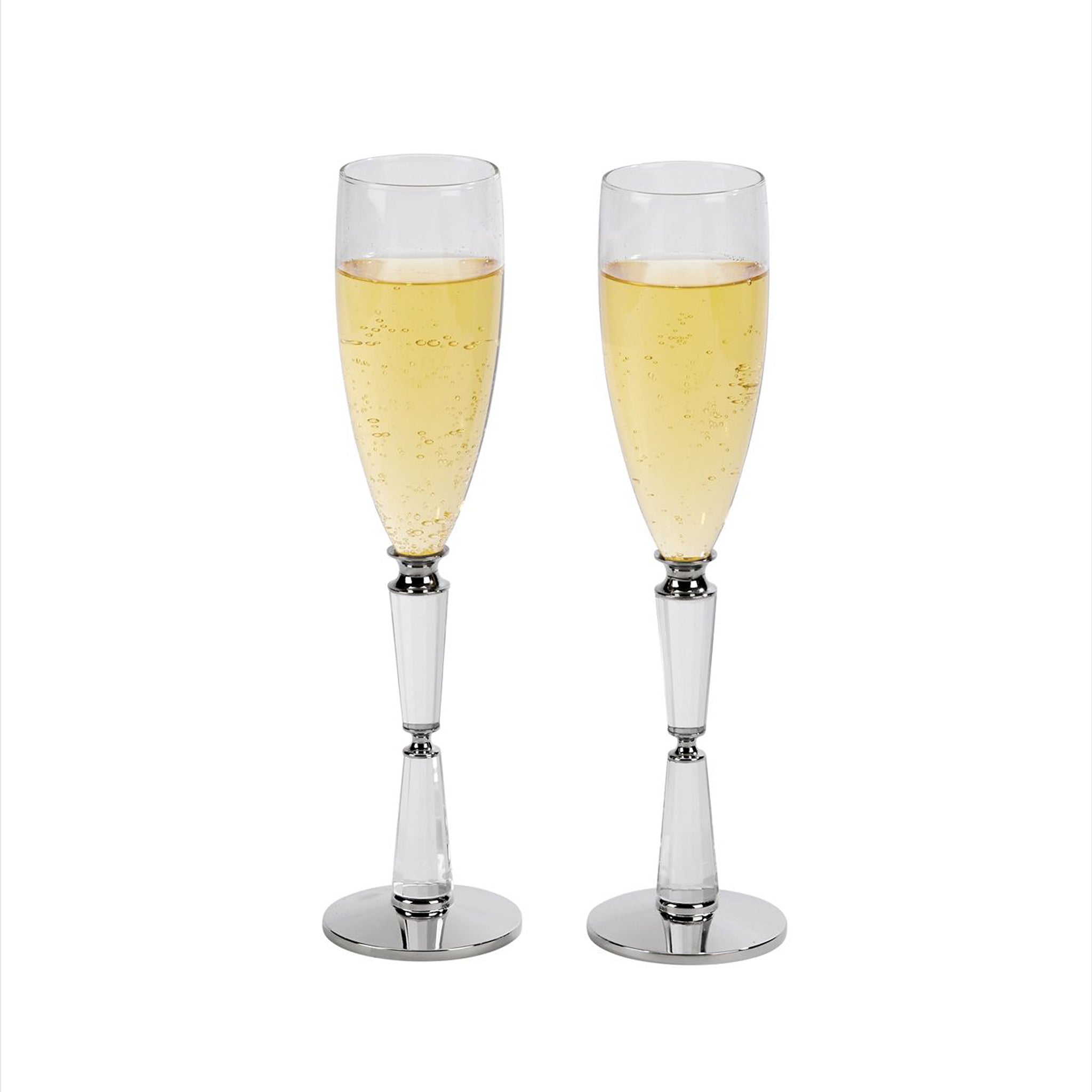 Elegant Facet Toasting Flutes Set with clear glass bowls and faceted handles, featuring a durable nickel-plated base, perfect for celebrations.