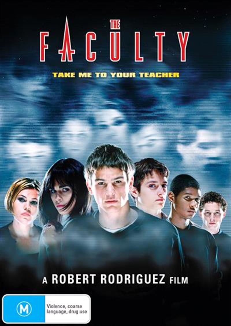 DVD cover of 'Faculty', featuring students confronting alien-controlled teachers in a high school setting.